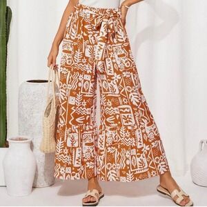 Grace Karin Palazzo Pants Hawaiian Print Smocked Waist Tie Belt Bohemian MD